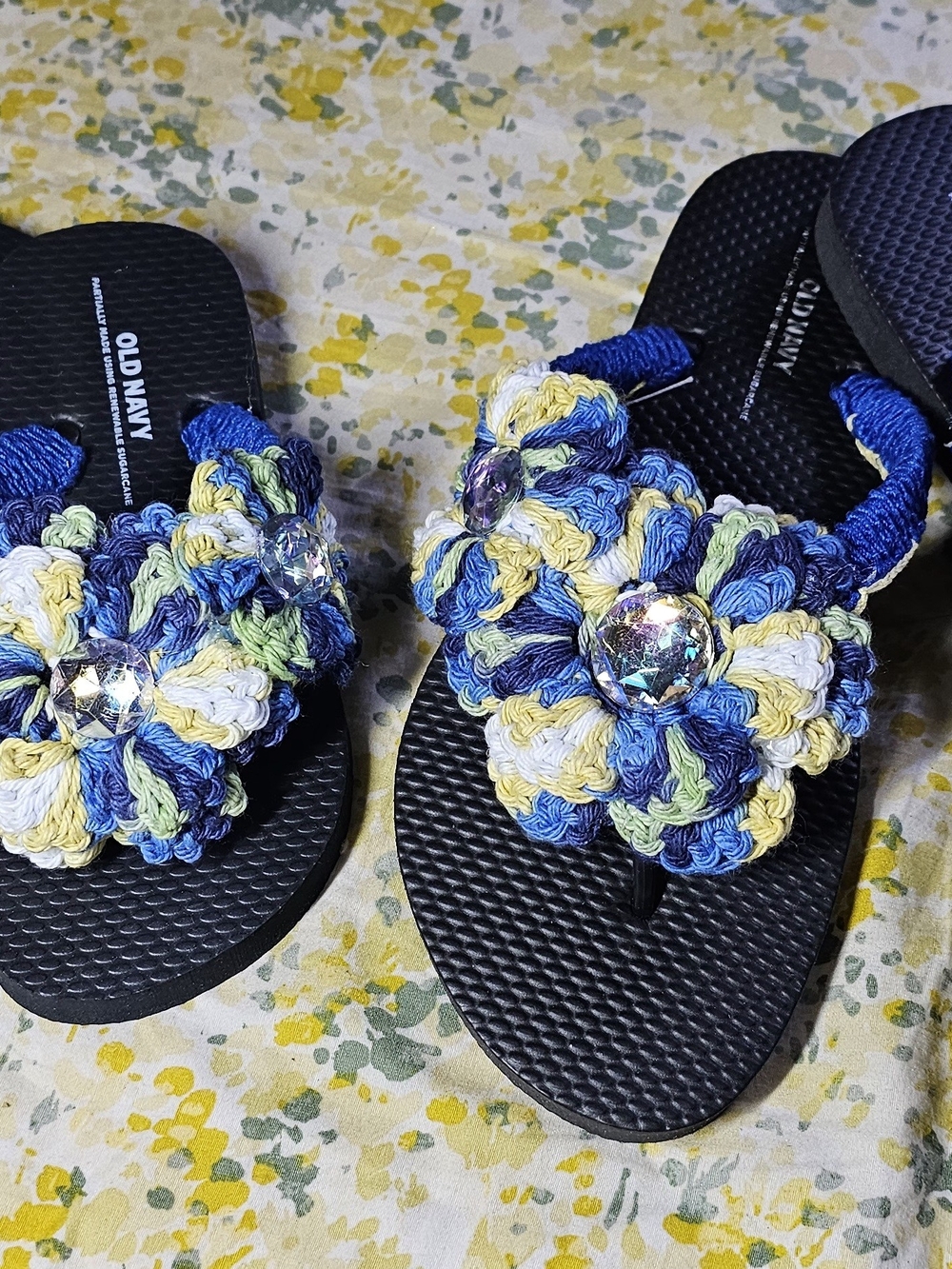 Old Navy Kids/adult Blue Crochet Flower Flip Flops with Gem Accents Any Size